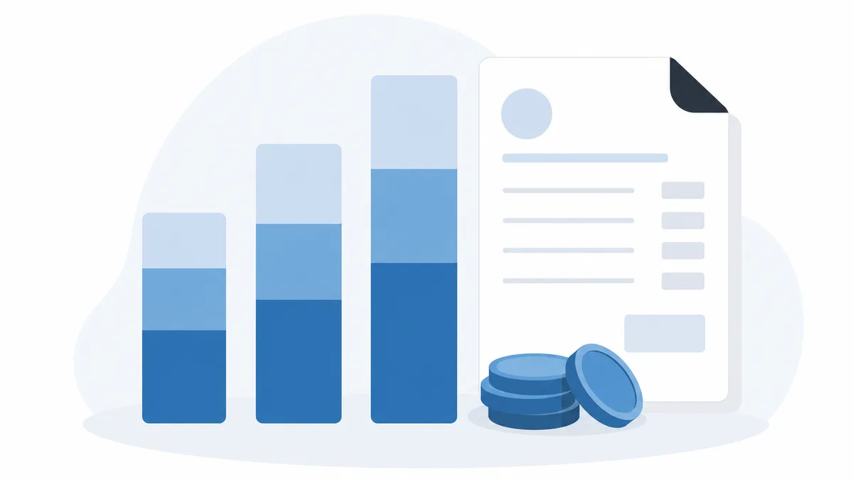 Illustration of three rising cost tiers beside an invoice and stacked coins