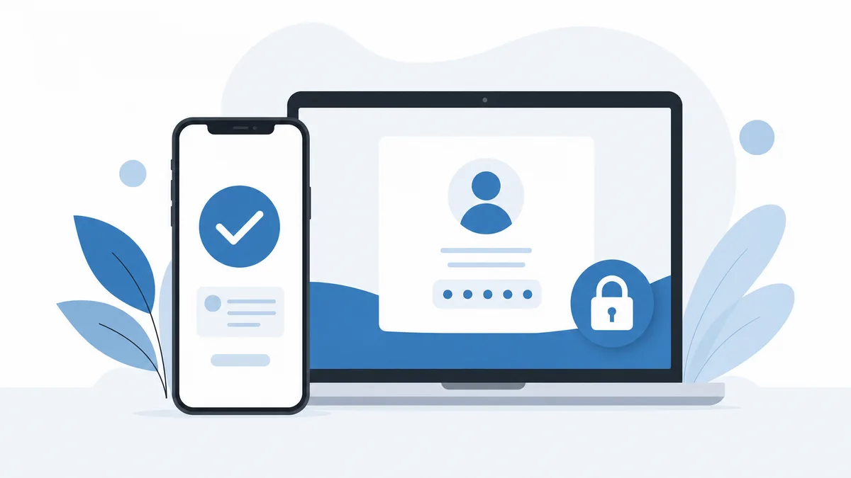 Illustration of a phone showing an approval tick next to a laptop with a padlock badge