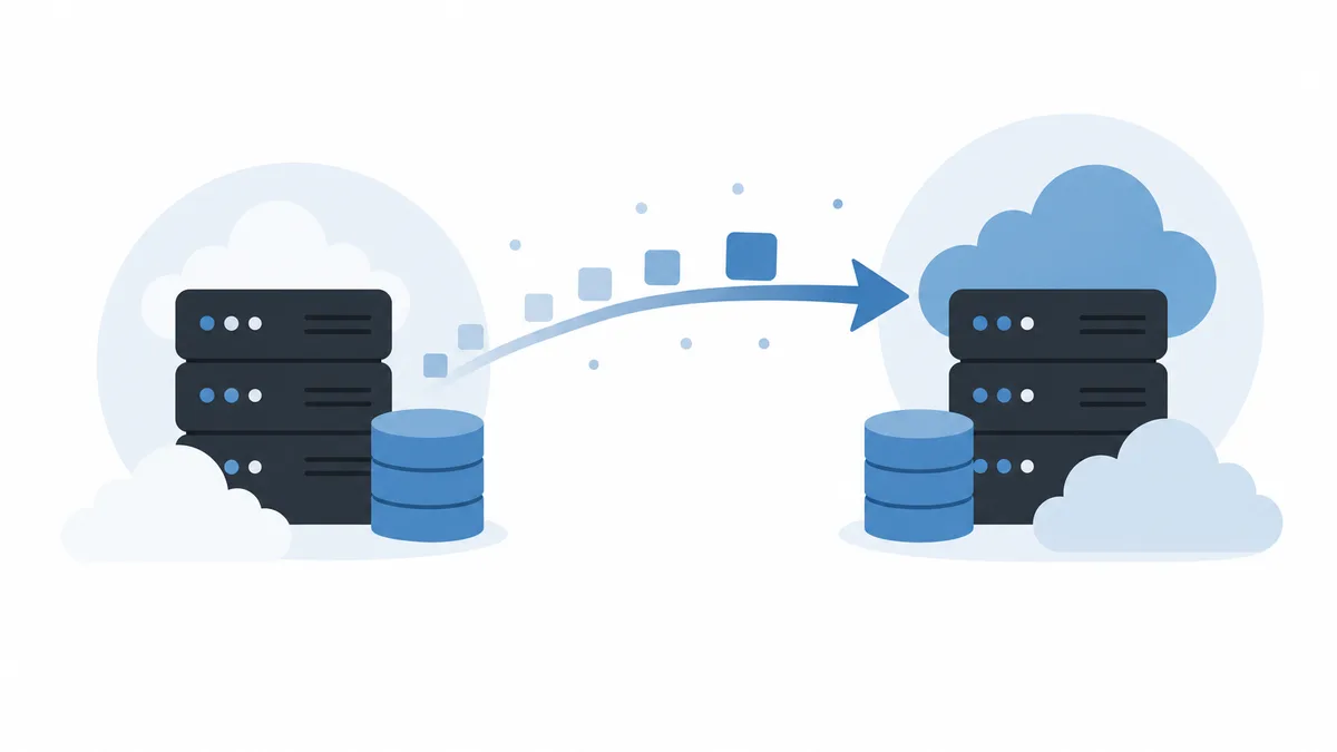 Illustration of two server and cloud groupings joined by a curved arrow carrying data tiles