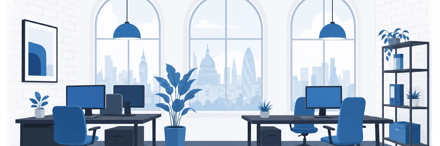 Illustration of a small modern office interior with desks, monitors, a brick wall and tall arched windows looking out over a city skyline