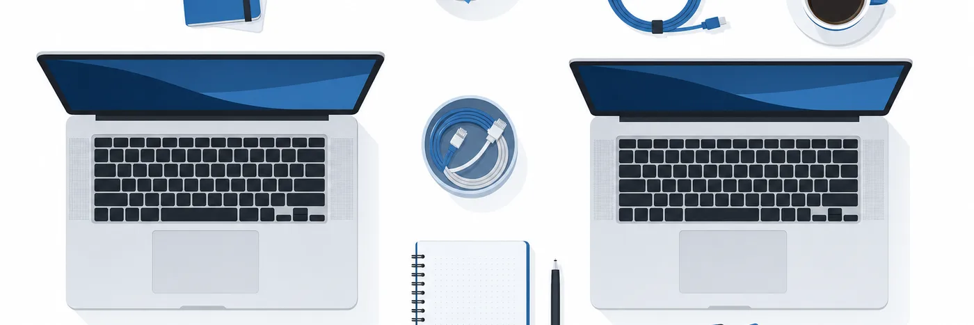 Illustration of a shared desk viewed from above, with two laptops, notebooks, coiled network cables and a cup of coffee