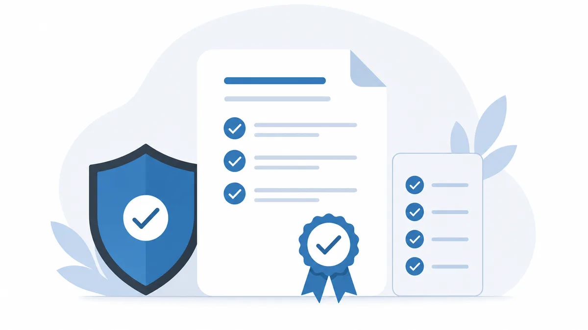 Illustration of a certificate document with a ribbon seal and tick rows, flanked by a shield and a checklist panel