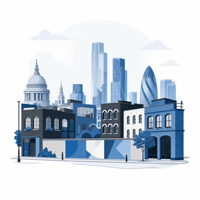 Illustration of a Shoreditch skyline of low brick buildings with glass towers in the distance