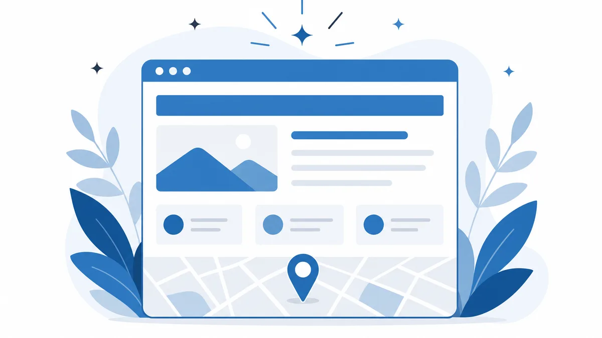Illustration of a browser window containing abstract page layout blocks and a small map pin