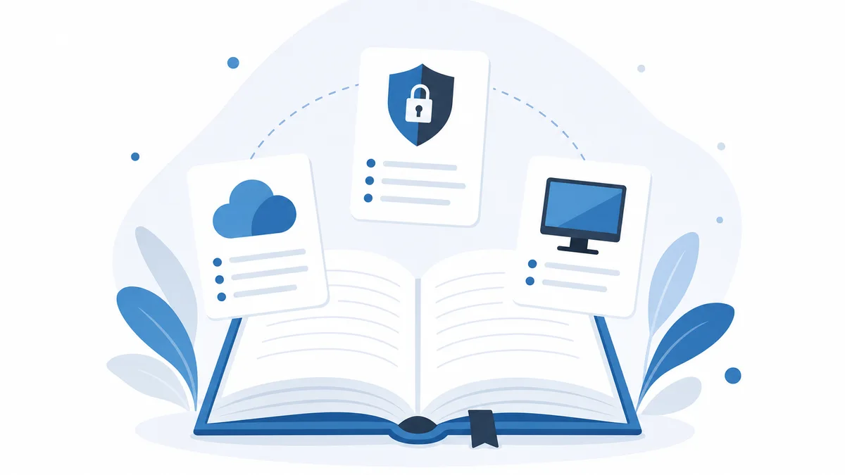 Illustration of an open notebook with floating cards showing shield, cloud and monitor icons