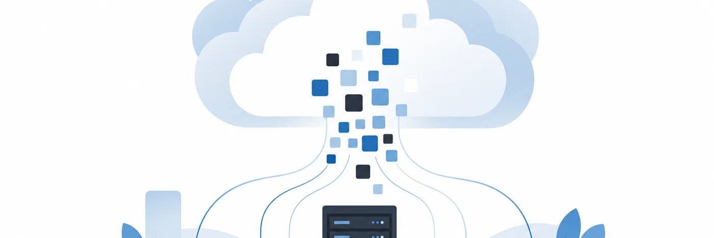 Illustration of a large cloud with tiles of data flowing up into it along curved lines from a server below