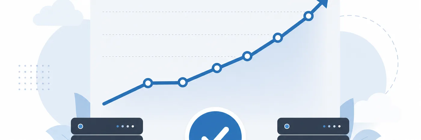 Illustration of a rising line graph on a panel with a tick badge and small server icons