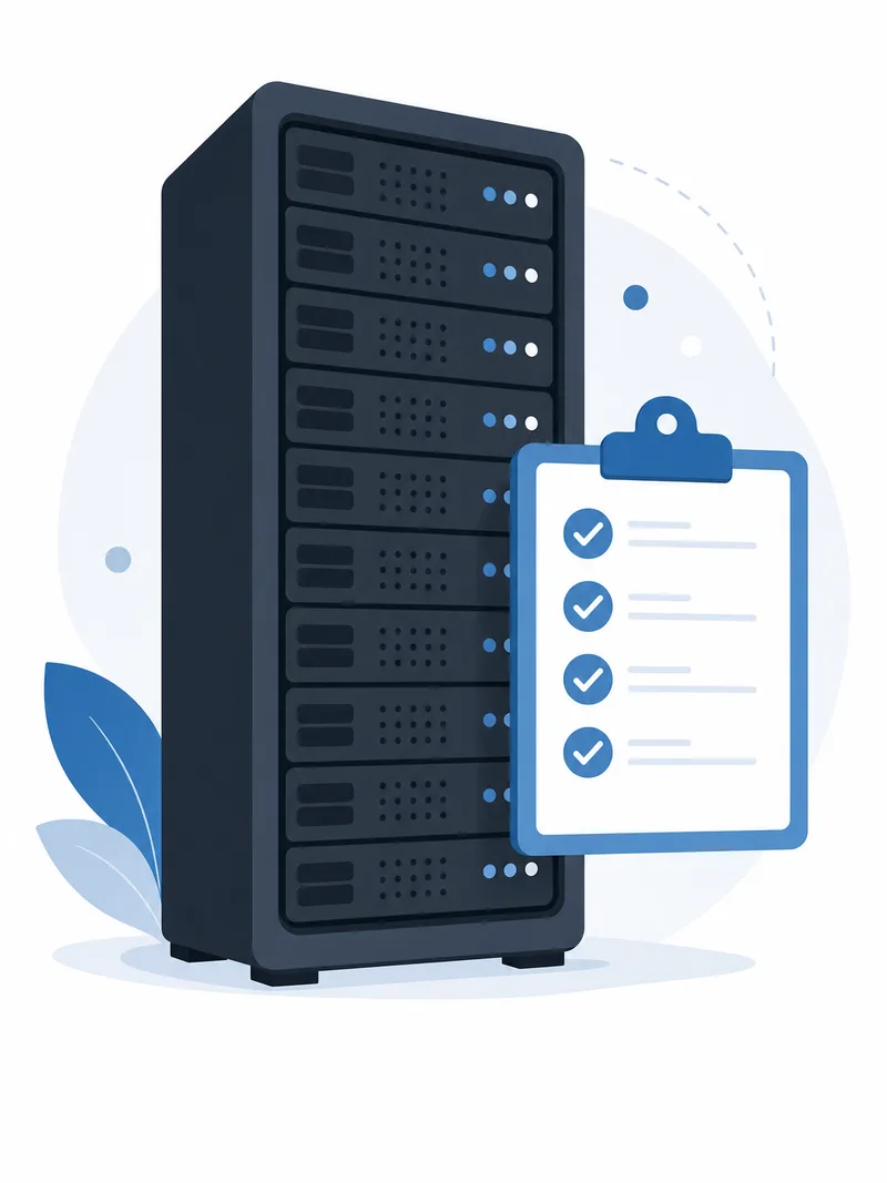 Illustration of a server rack with status indicators beside a clipboard of checked-off review items