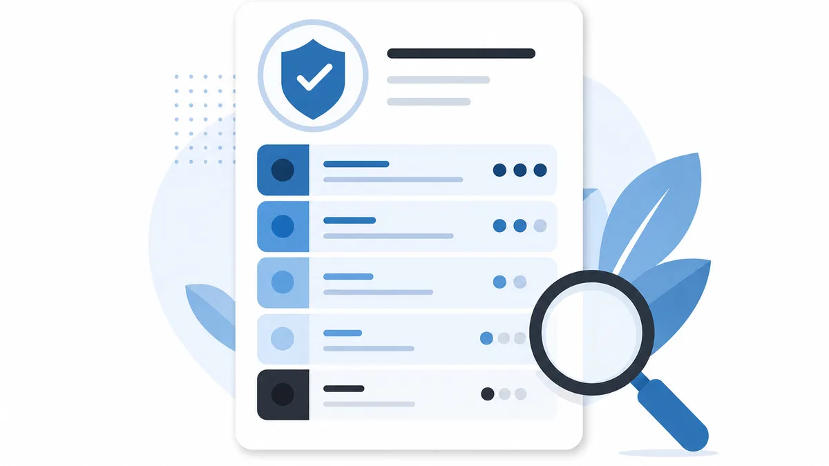 Illustration of an audit report panel listing ranked risks, with a shield tick mark and a magnifying glass