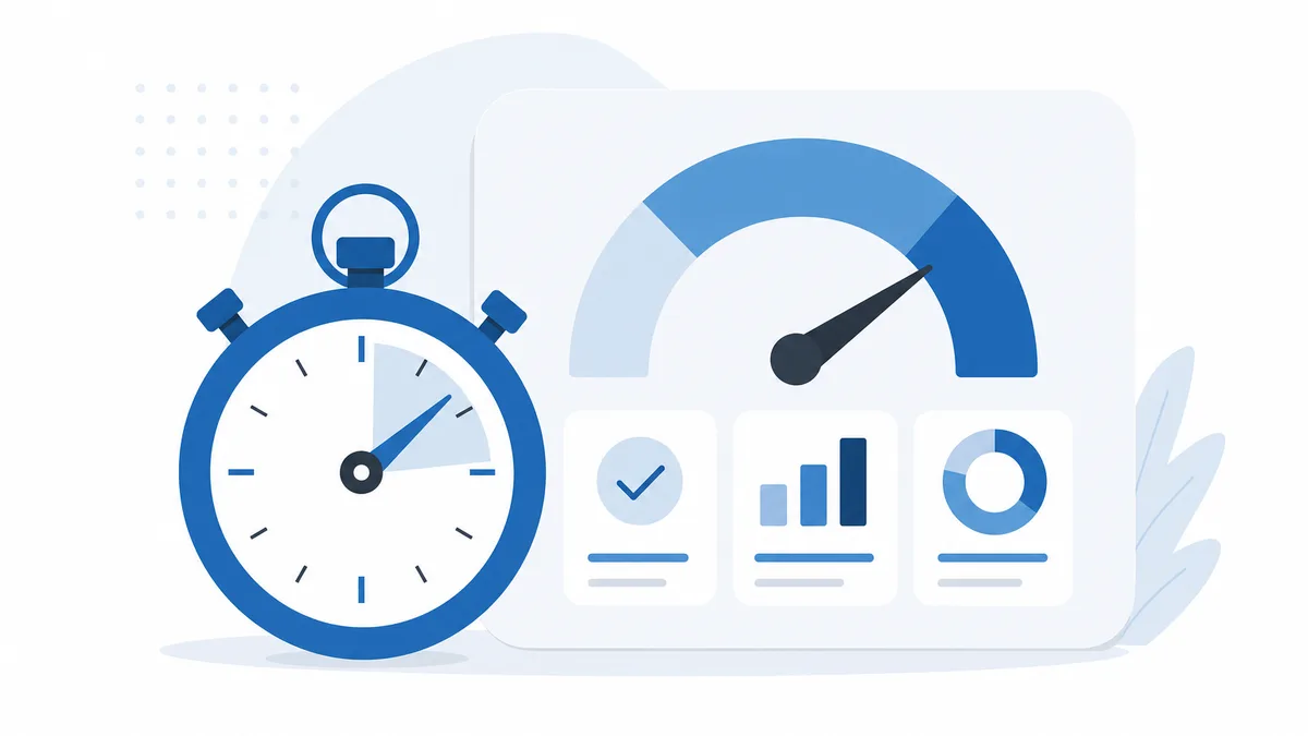 Illustration of a stopwatch beside a dashboard panel with an arc gauge and metric tiles