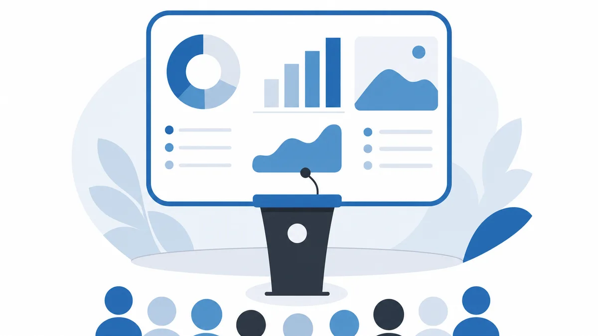 Illustration of a presentation screen showing abstract charts, with a podium and rows of audience dots