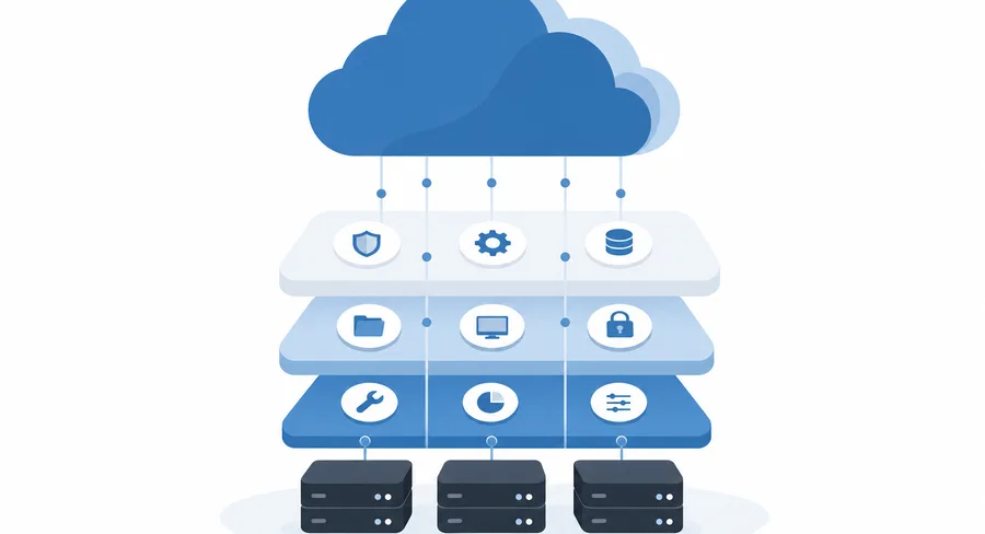 Illustration of a cloud platform: a large cloud above stacked service tiles and server blocks joined by connector lines