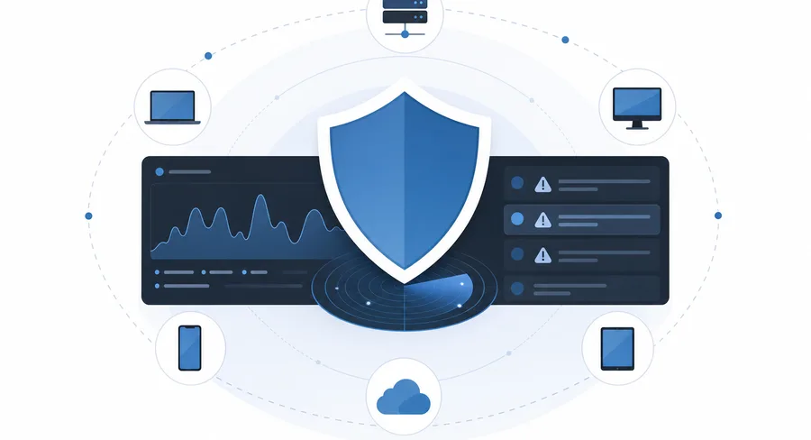 Illustration of a security operations view: a shield over a monitoring panel with alert rows and orbiting endpoint icons