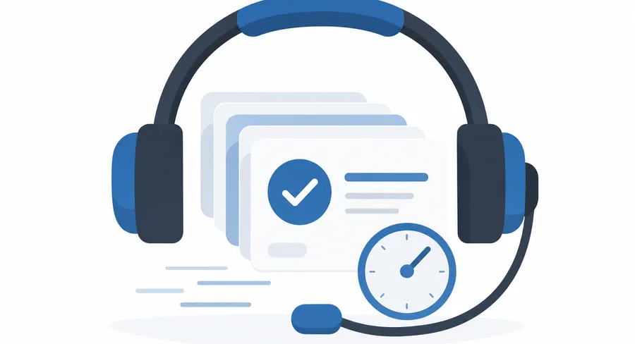 Illustration of a support desk: a headset above a queue of ticket cards, one marked with a tick, beside a clock