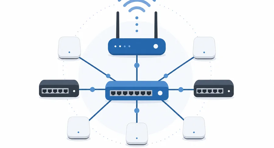 Illustration of a network topology: router and switch nodes connected in a hub-and-spoke layout with a Wi-Fi arc
